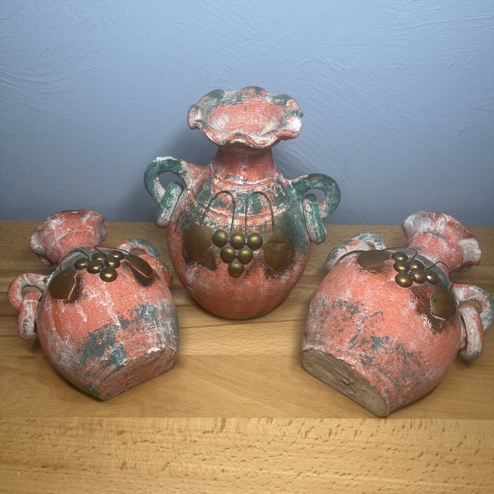 Set of 3 Mexican Distressed Ceramic Pottery Vases Grape Copper Accents Mexico SW